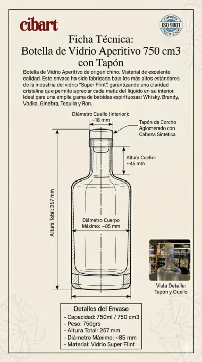 Botella de Vidrio Aperitivo 750 cm3 con Tapón x Unidad Botella de Vidrio Aperitivo 750 cm3 con Tapón x Unidad