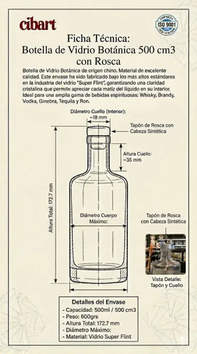 Botella de Vidrio Botánica 500 cm3 con Rosca x Unidad