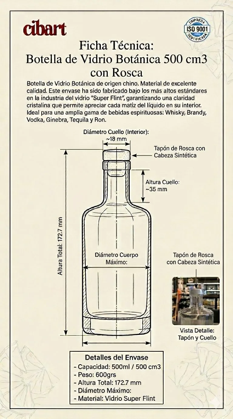 Botella de Vidrio Botánica 500 cm3 con Rosca x Unidad Botella de Vidrio Botánica 500 cm3 con Rosca x Unidad
