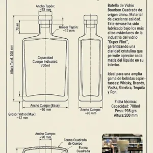 Botella de Vidrio Bourbon Cuadrada 700 cm3 con Tapón x Unidad