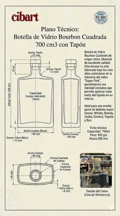 Botella de Vidrio Bourbon Cuadrada 700 cm3 con Tapón x Unidad Botella de Vidrio Bourbon Cuadrada 700 cm3 con Tapón x Unidad