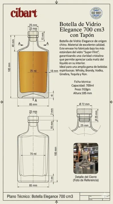 Botella de Vidrio Elegance 700 cm3 con Tapón x Unidad