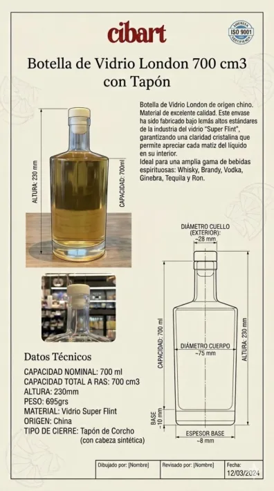 Botella de Vidrio London 700 cm3 con Tapón x Unidad